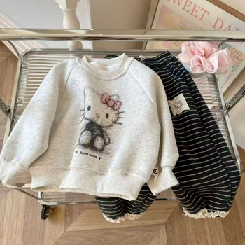 Set za djevojčice: sweatshirt i hlače, zima, 100% pamuk, dugi rukavi, jednopbojni s crtićem