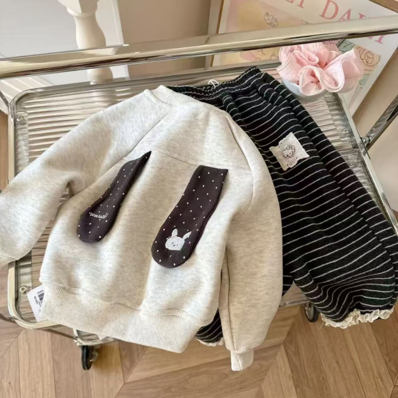 Set za djevojčice: sweatshirt i hlače, zima, 100% pamuk, dugi rukavi, jednopbojni s crtićem