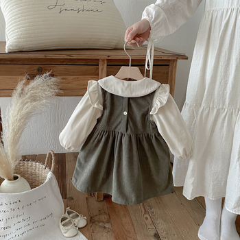 Dječji set: haljina od cordure s ovratnikom‑lutkica i cardigan dugih rukava, korejski stil, 95% pamuk