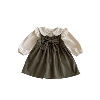 Dječji set: haljina od cordure s ovratnikom‑lutkica i cardigan dugih rukava, korejski stil, 95% pamuk