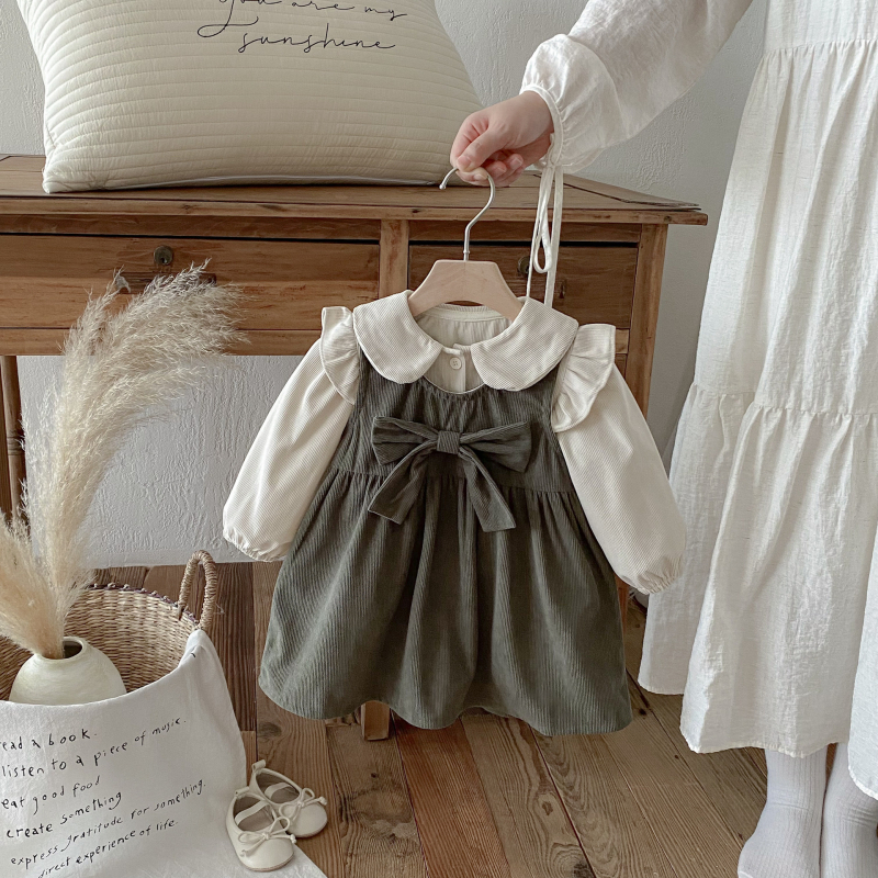 Dječji set: haljina od cordure s ovratnikom‑lutkica i cardigan dugih rukava, korejski stil, 95% pamuk