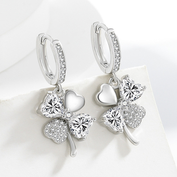 Cercei pentru femei din cupru, cu set cu diamante, formă trifoi cu patru foi – floare și frunză, stil fashion