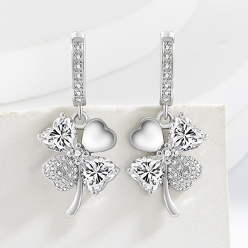 Cercei pentru femei din cupru, cu set cu diamante, formă trifoi cu patru foi – floare și frunză, stil fashion