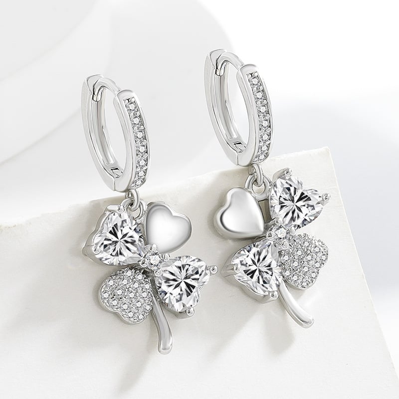 Cercei pentru femei din cupru, cu set cu diamante, formă trifoi cu patru foi – floare și frunză, stil fashion