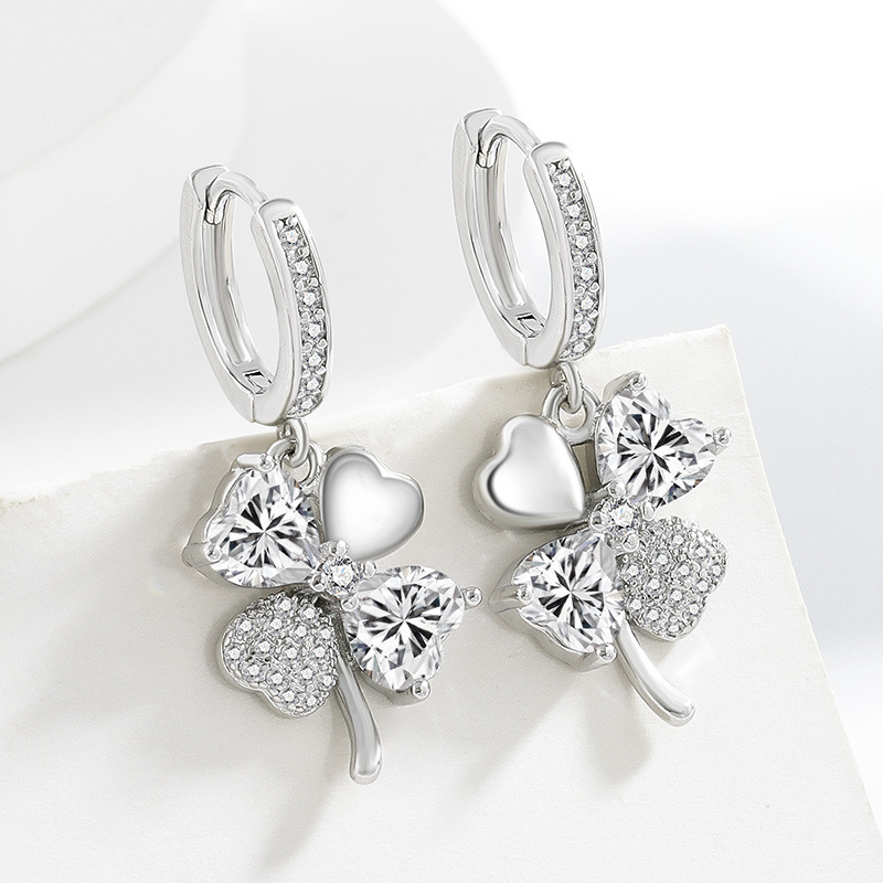 Cercei pentru femei din cupru, cu set cu diamante, formă trifoi cu patru foi – floare și frunză, stil fashion