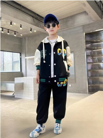 Set de două piese cu glugă pentru primăvară – costum casual cu pantaloni și model desen animat, material din amestec de bumbac, 95% poliester, pentru copii 3–8 ani