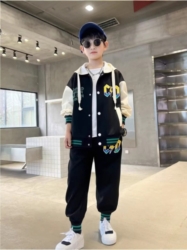 Set de două piese cu glugă pentru primăvară – costum casual cu pantaloni și model desen animat, material din amestec de bumbac, 95% poliester, pentru copii 3–8 ani