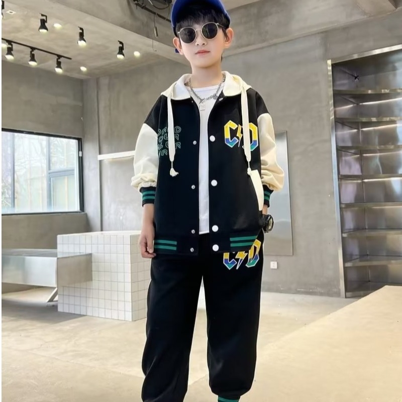 Set de două piese cu glugă pentru primăvară – costum casual cu pantaloni și model desen animat, material din amestec de bumbac, 95% poliester, pentru copii 3–8 ani