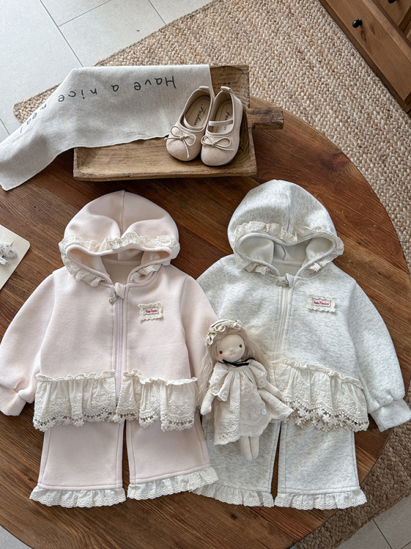 Set de toamnă pentru fetițe, două piese cu glugă, stil coreean, bumbac 61%, fermoar, pentru 1–3 ani