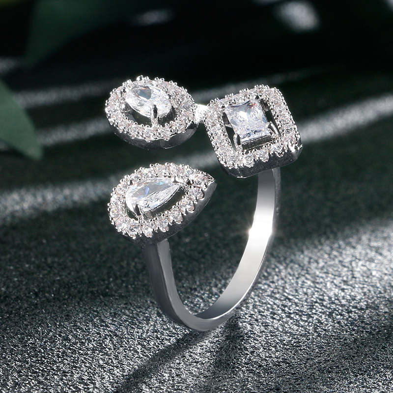 Inel deschis din cupru, stil geometric, CZ în formă de lacrimă, stil coreean, placare în trei straturi