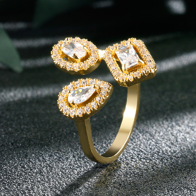 Inel deschis din cupru, stil geometric, CZ în formă de lacrimă, stil coreean, placare în trei straturi