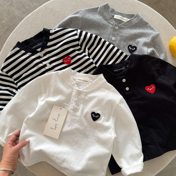 Tricou pentru copii cu mânecă lungă, din bumbac, model dungat și desen animat, guler rotund, stil coreean, evacuare umezeală