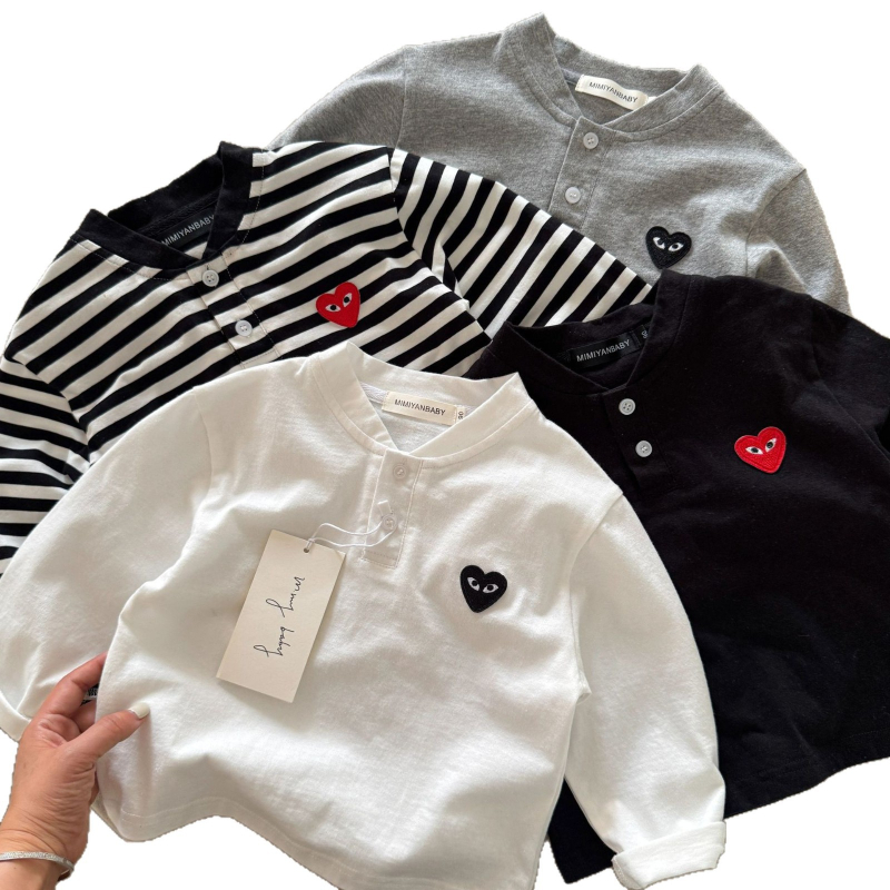 Tricou pentru copii cu mânecă lungă, din bumbac, model dungat și desen animat, guler rotund, stil coreean, evacuare umezeală