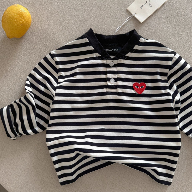 Tricou pentru copii cu mânecă lungă, din bumbac, model dungat și desen animat, guler rotund, stil coreean, evacuare umezeală