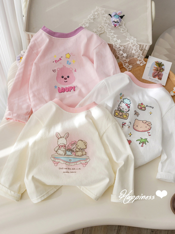 Tricou pentru copii cu mâneci lungi, în stil coreean, din bumbac, print cu desene animate, litere și flori, guler rotund.