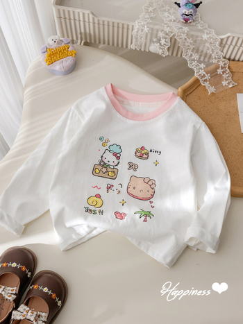 Tricou pentru copii cu mâneci lungi, în stil coreean, din bumbac, print cu desene animate, litere și flori, guler rotund.