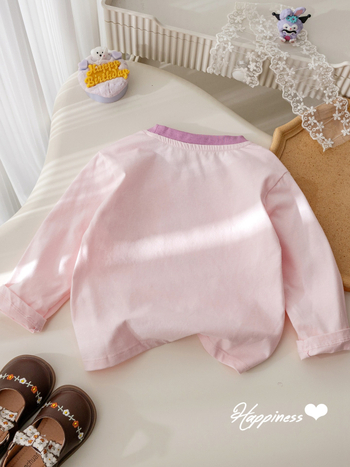 Tricou pentru copii cu mâneci lungi, în stil coreean, din bumbac, print cu desene animate, litere și flori, guler rotund.