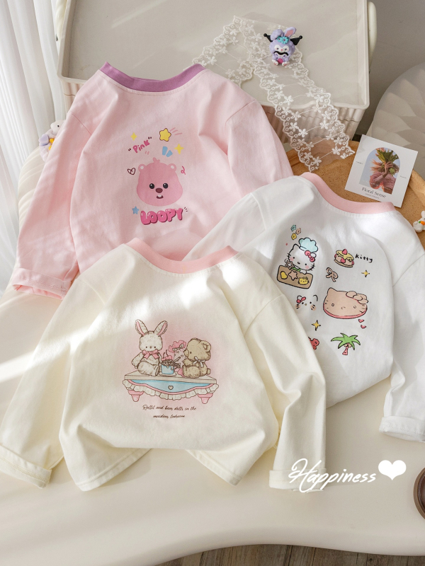 Tricou pentru copii cu mâneci lungi, în stil coreean, din bumbac, print cu desene animate, litere și flori, guler rotund.