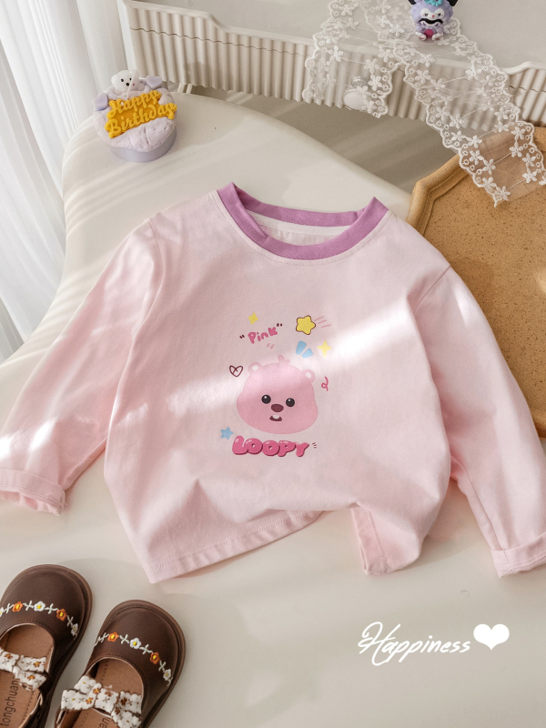 Tricou pentru copii cu mâneci lungi, în stil coreean, din bumbac, print cu desene animate, litere și flori, guler rotund.