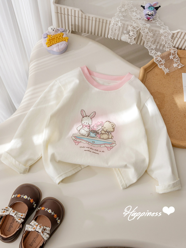 Tricou pentru copii cu mâneci lungi, în stil coreean, din bumbac, print cu desene animate, litere și flori, guler rotund.