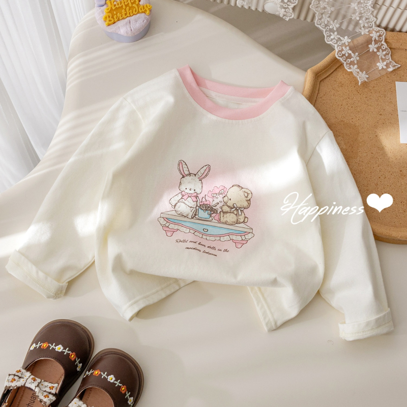 Tricou pentru copii cu mâneci lungi, în stil coreean, din bumbac, print cu desene animate, litere și flori, guler rotund.