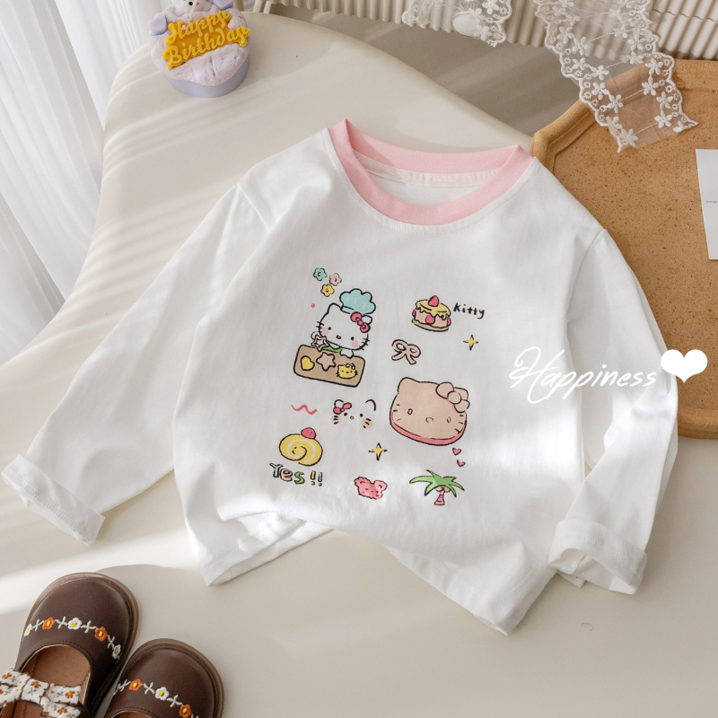 Tricou pentru copii cu mâneci lungi, în stil coreean, din bumbac, print cu desene animate, litere și flori, guler rotund.