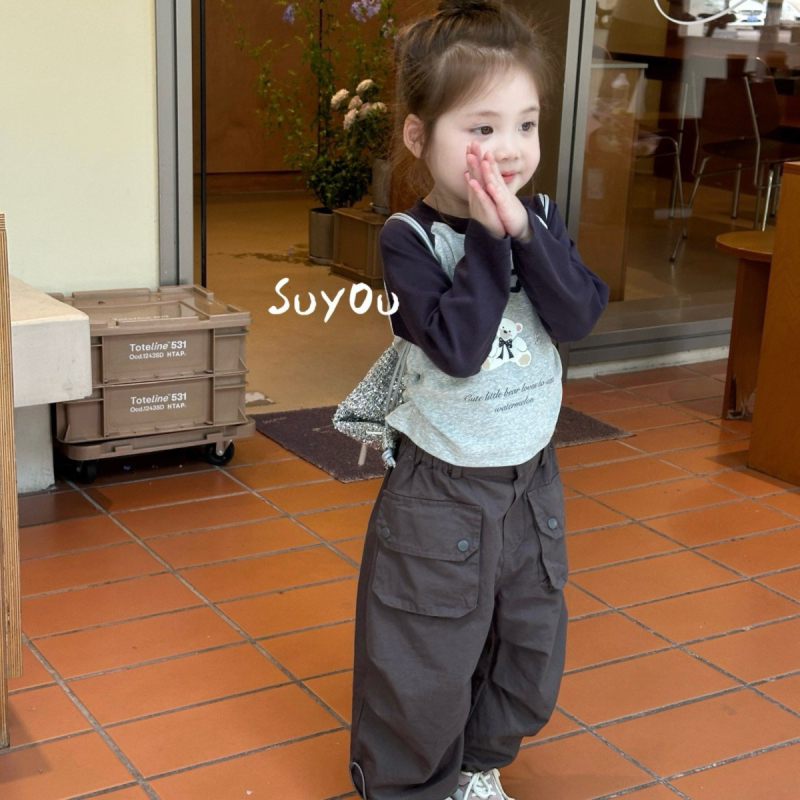 Set pentru copii din două piese din bumbac: tricou cu mânecă lungă și pantaloni, imprimeu cu desene animate, material din bumbac moale, stil coreean, pentru copii 3–8 ani