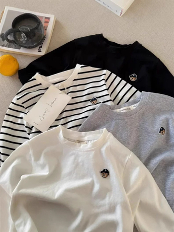 Tricou copii cu mânecă lungă, 95% bumbac, ursuleț desen animat, guler rotund, pentru copii 3–8 ani