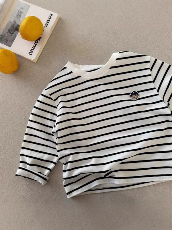 Tricou copii cu mânecă lungă, 95% bumbac, ursuleț desen animat, guler rotund, pentru copii 3–8 ani