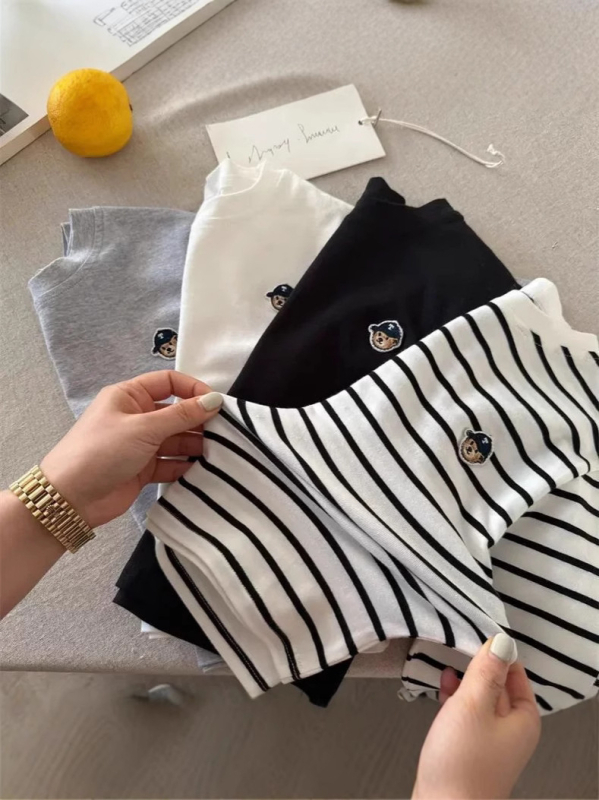 Tricou copii cu mânecă lungă, 95% bumbac, ursuleț desen animat, guler rotund, pentru copii 3–8 ani