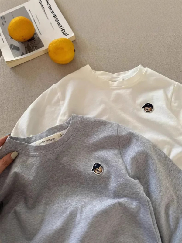 Tricou copii cu mânecă lungă, 95% bumbac, ursuleț desen animat, guler rotund, pentru copii 3–8 ani