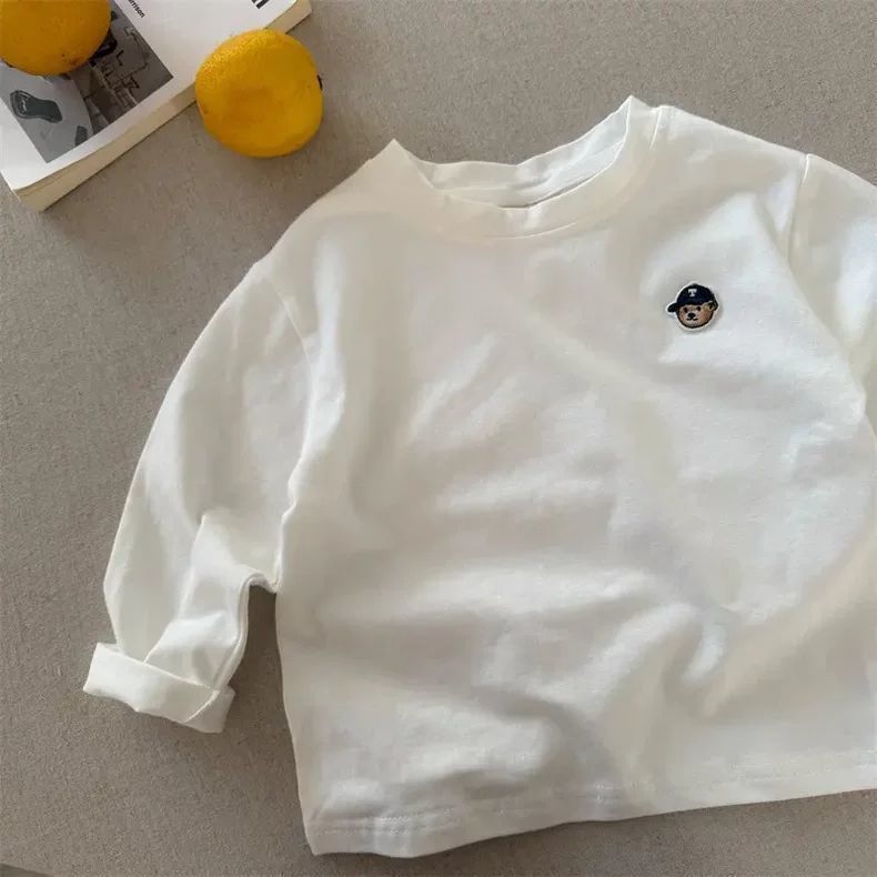 Tricou copii cu mânecă lungă, 95% bumbac, ursuleț desen animat, guler rotund, pentru copii 3–8 ani