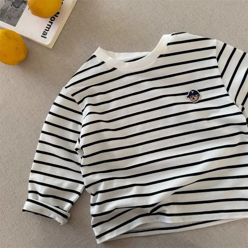 Tricou copii cu mânecă lungă, 95% bumbac, ursuleț desen animat, guler rotund, pentru copii 3–8 ani