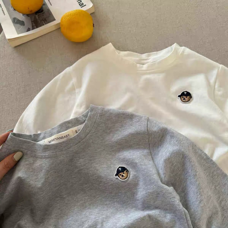 Tricou copii cu mânecă lungă, 95% bumbac, ursuleț desen animat, guler rotund, pentru copii 3–8 ani