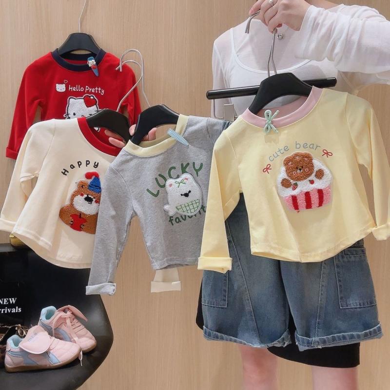 Tricou pentru copii din 95% bumbac, imprimeu cu desene animate, mâneci lungi, guler rotund