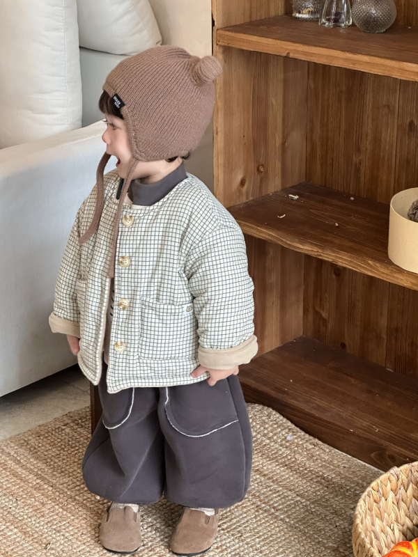 Dječji debeli karirani pamučni set jakna i hlače, korejskog stila, s fleece podstavom, jesen-zima 2025, za dob 1–3 godine.