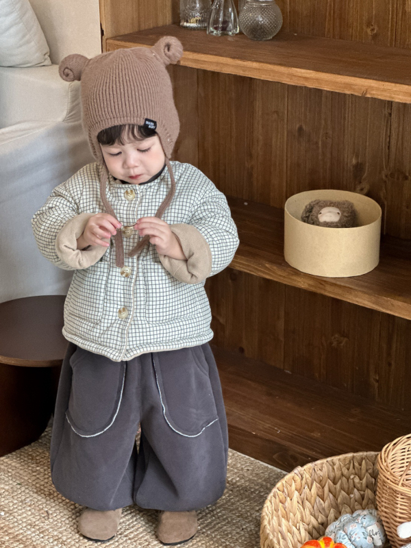 Dječji debeli karirani pamučni set jakna i hlače, korejskog stila, s fleece podstavom, jesen-zima 2025, za dob 1–3 godine.
