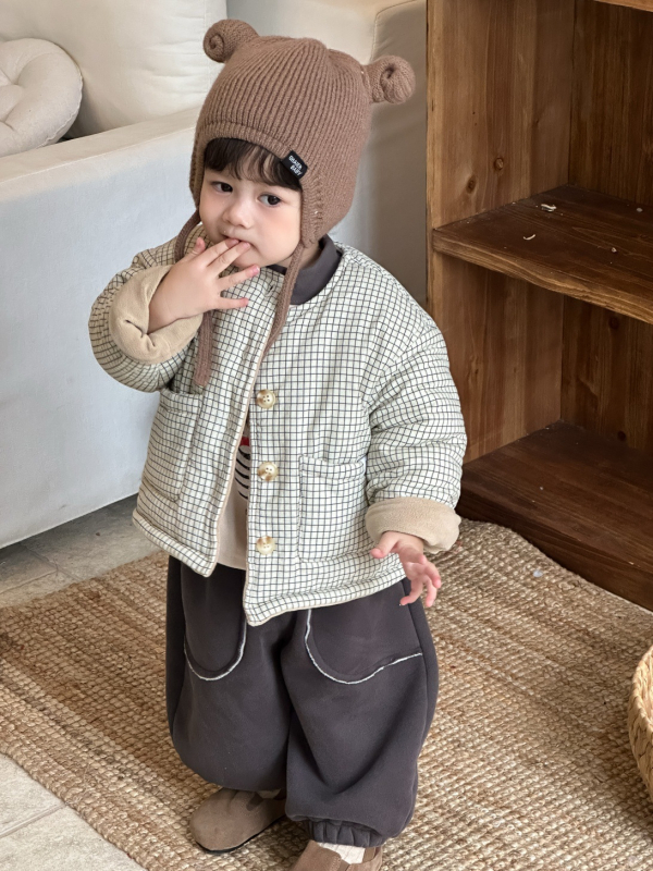 Dječji debeli karirani pamučni set jakna i hlače, korejskog stila, s fleece podstavom, jesen-zima 2025, za dob 1–3 godine.