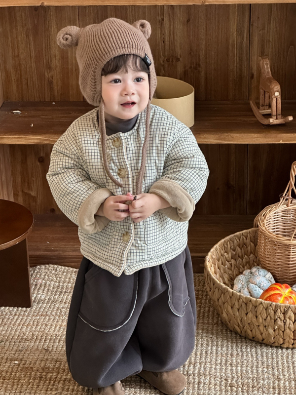 Dječji debeli karirani pamučni set jakna i hlače, korejskog stila, s fleece podstavom, jesen-zima 2025, za dob 1–3 godine.