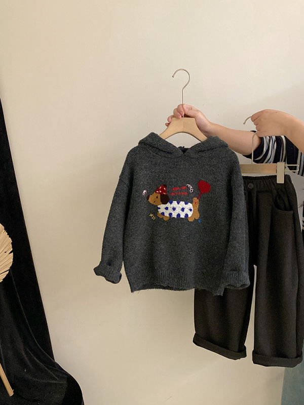 Korejskog stila dječji jesen/zima dvodijelni set s motivom šteneta, pleteni gornji dio s dugim rukavima i debele hlače od akrilno-pamučne mješavine (80% akril), za djecu 3–8 godina