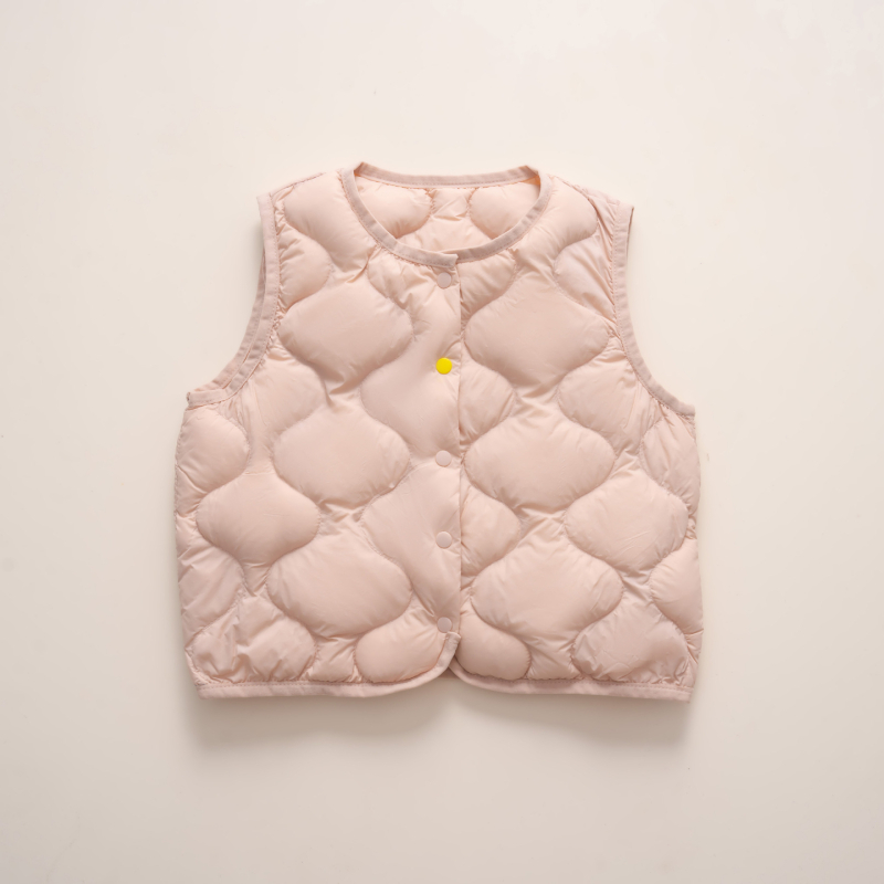 Gyerekeknek szóló könnyű pehely mellény ujjnélküli, rövid szabású, nejlon külső, fehér kacsa tollal töltve, karcsú fazon, vékony