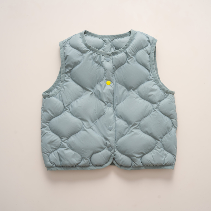 Gyerekeknek szóló könnyű pehely mellény ujjnélküli, rövid szabású, nejlon külső, fehér kacsa tollal töltve, karcsú fazon, vékony