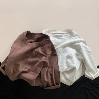 Tricou copii cu mânecă lungă – amestec bambus-bumbac, guler rotund, stil coreean, unisex, 3–8 ani