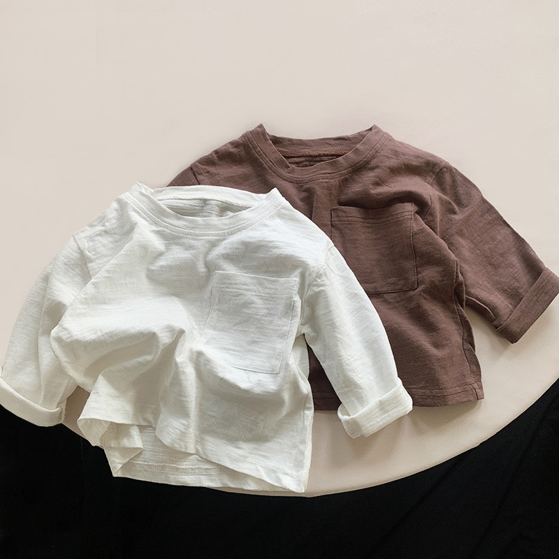 Tricou copii cu mânecă lungă – amestec bambus-bumbac, guler rotund, stil coreean, unisex, 3–8 ani