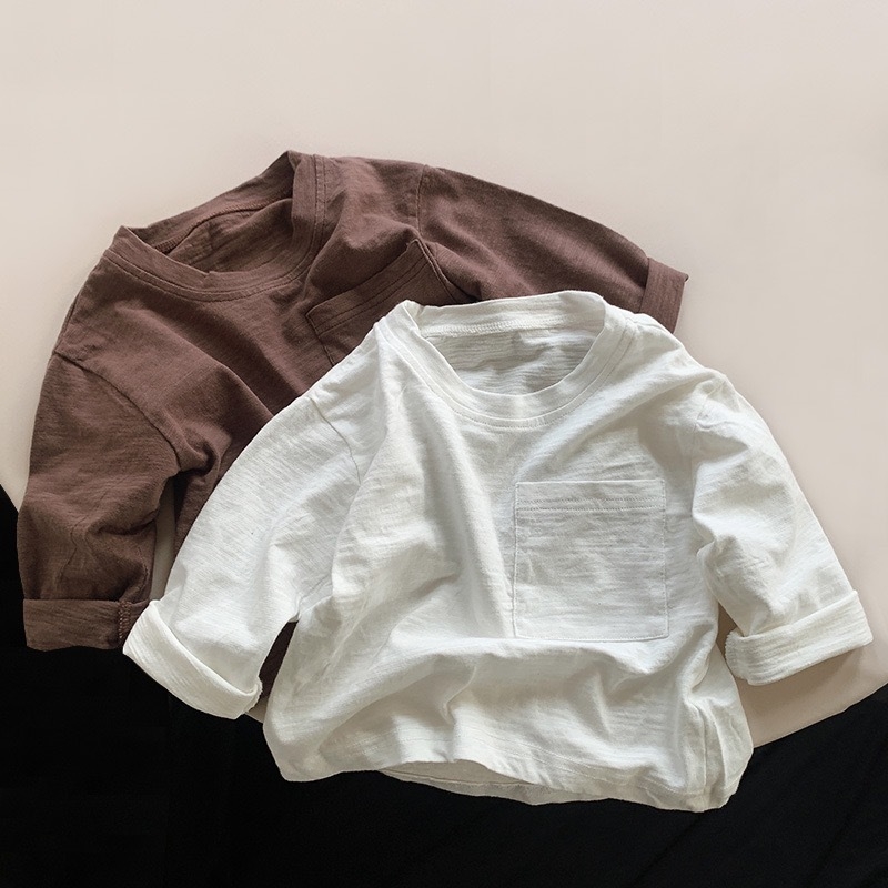 Tricou copii cu mânecă lungă – amestec bambus-bumbac, guler rotund, stil coreean, unisex, 3–8 ani