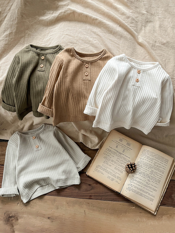 Tricou pentru copii în stil coreean, cu mâneci lungi, bumbac 93%, material tratat fin, guler rotund, pentru sugari și copii mici 0–3 ani