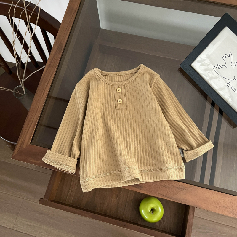 Tricou pentru copii în stil coreean, cu mâneci lungi, bumbac 93%, material tratat fin, guler rotund, pentru sugari și copii mici 0–3 ani