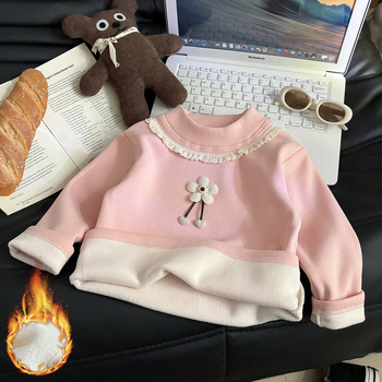 Lányoknak készült fleece alapréteg felső virágmintával, kerek nyakkal, hosszú ujjú, téli és őszi szezonhoz, anyag: poliészter 93,6% / spandex 6,4%