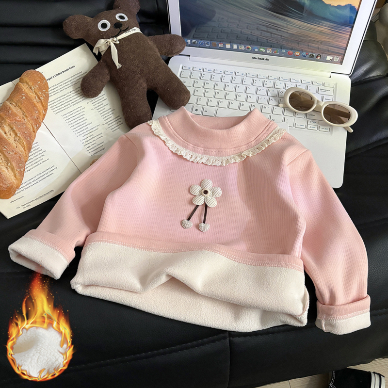 Lányoknak készült fleece alapréteg felső virágmintával, kerek nyakkal, hosszú ujjú, téli és őszi szezonhoz, anyag: poliészter 93,6% / spandex 6,4%