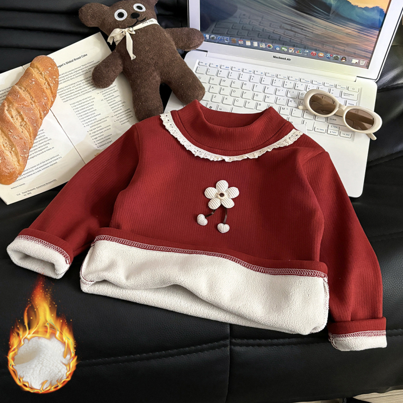 Lányoknak készült fleece alapréteg felső virágmintával, kerek nyakkal, hosszú ujjú, téli és őszi szezonhoz, anyag: poliészter 93,6% / spandex 6,4%